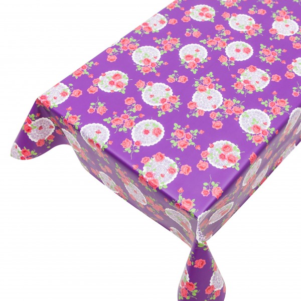 Wachstischdecke, Motiv "Rosen auf Tortenspitzen, lila"