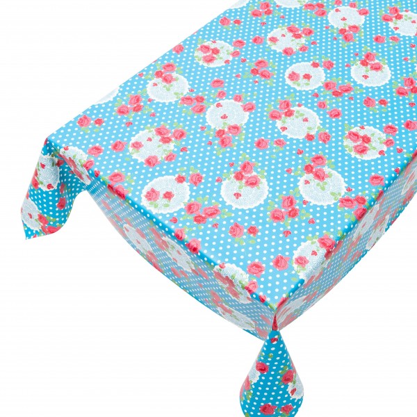 Wachstischdecke, Motiv "Rosen, Tortenspitzen & Punkte, blau"
